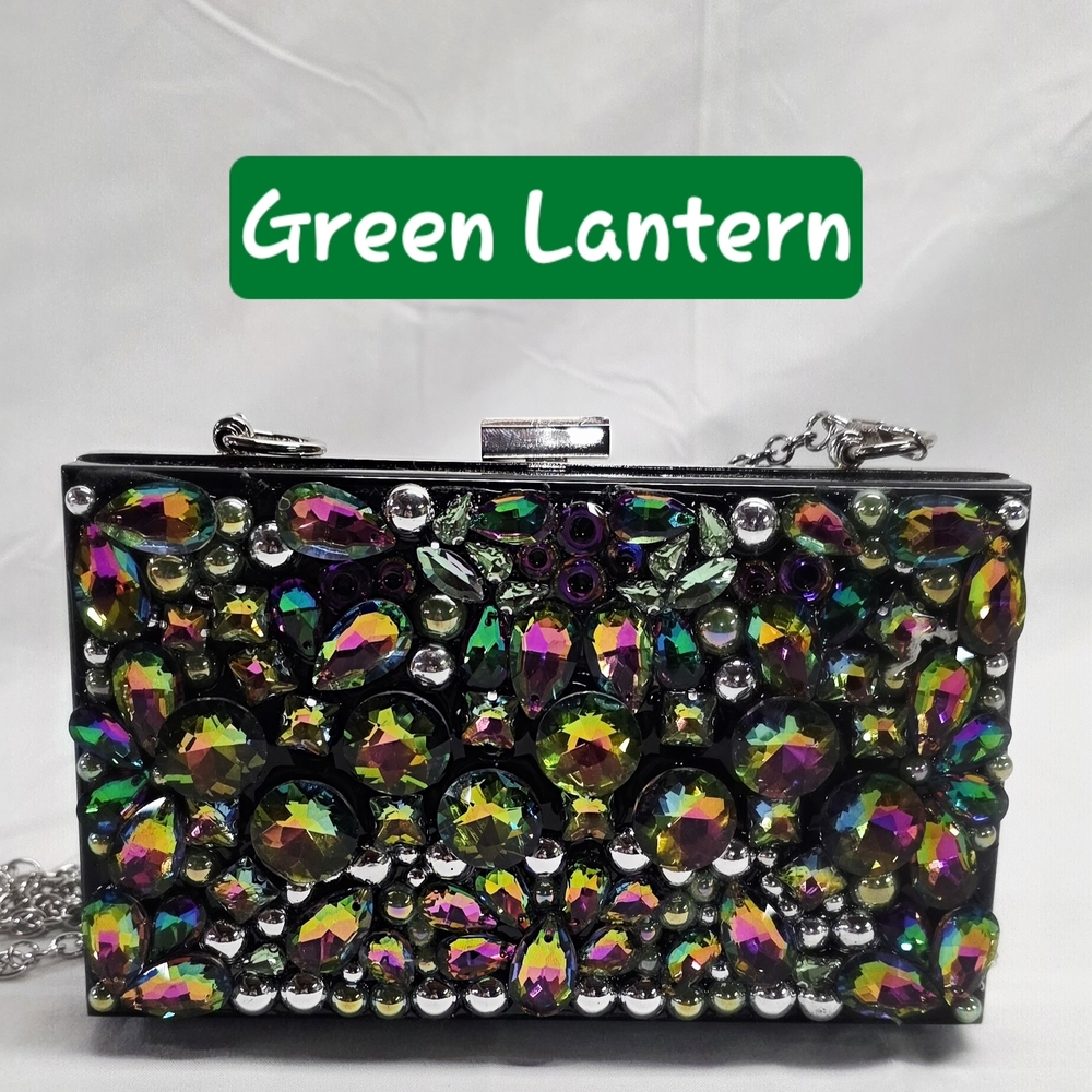 Handmade Pearl Chaos Black Acrylic Clutch w/Silver Hardware - Green Lantern
